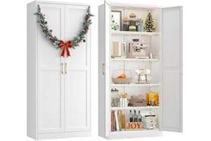 TIMELESS PIECES 71" Kitchen Pantry Storage Cabinet,White Tall Storage Cabinet With Doors and Shelves,Metal Food Pantry Cabinets for kitchen storage,Freestanding Cupboard for Dining Living Room,Assemble Required