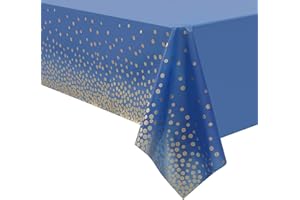 54x108 Inches Gold Polka Dot Print Disposable Deep Blue Tablecloth Plastic Rectangular Table Cover for Birthday, Christmas, H