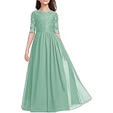 HOSIKA Flower Girls Dress Elegant Vintage Lace Chiffon A-Line Formal Birthday Wedding Party Floor Length Dress 6-13 Years