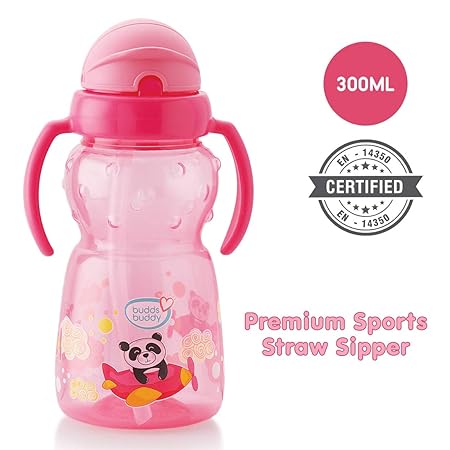 Buddsbuddy Premium 2 Handle Sports Straw Sipper 1Pc, 300ml, BB7114, (Pink)