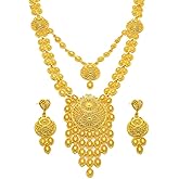 Kundan Indian Jewelry Set for Women Gold-Tone Plated Fashion Hollow Design Layered Choker Necklace Love Heart Shaped Dangle Drop Earring Bollywood Ethnic Bride Wedding Wear Exaggerated Luxurious Jewelry