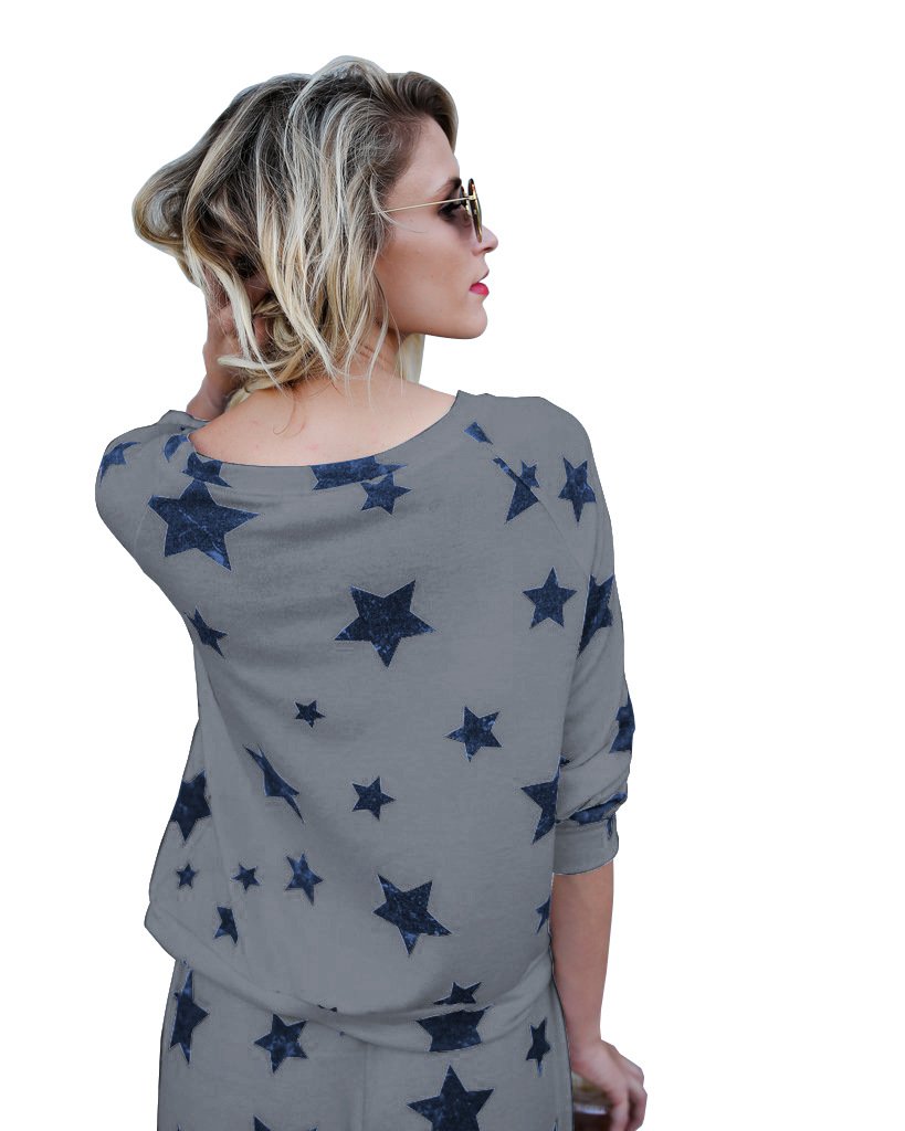 Mycherish Women Round Neck Cotton Flannel Pajamas Two Pieces Set with Star Pattern X-Large Grey