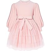 Toddler Girl Tulle Dress Puff Long Sleeves Tutu Dresses with Tie Belt for Princess Brithday Party 1-6T