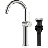 KENES Brushed Nickel Vessel Sink Faucet, Single Handle Tall Bathroom Faucet Single Hole, Modern Bathroom Vanity Faucet with Pop Up Drain and Supply Lines, KE-9005C