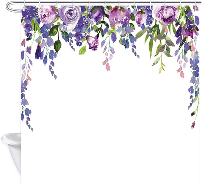 JAWO Duschvorhang mit Wasserfarben-Blume, Wasserfarben-Glyzinie, lila