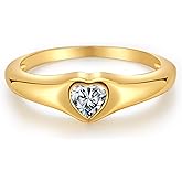 espere Cubic Zirconia Heart Signet Ring 18K Gold Plated | Minimal Dainty Pinky Ring | Simple Small Stackable Heart Ring Promise Ring Birthday Gift for Her