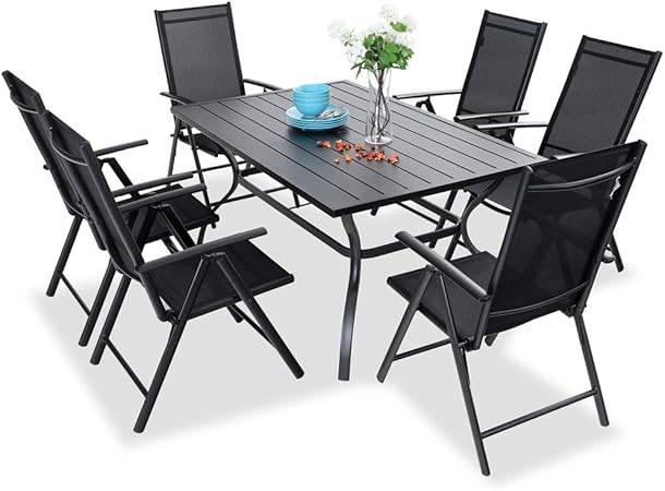Amazon Com Phi Villa 7 Pcs Patio Dining Set 6 Outdoor Reclining Folding Sling Chair With Armrest 1 Rectangle Patio Dining Table With 1 57 Umbrella Hole Garden Outdoor