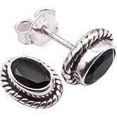 SilverStarJewel Black Onyx Old Style Stud Earrings 0.4" 925 Pure Silver Women Fashion