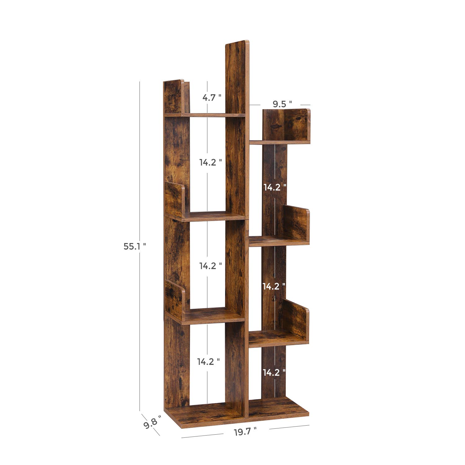 VASAGLE Bookcase, Tree-Shaped Bookshelf with 8 Storage Shelves, Rounded Corners, 19.7 x 9.8 x 55.1 Inches, Rustic Brown ULBC66BXV1