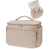 WANDF Travel Toiletry Bag for Women, Wide-open Large Makeup Bag with Handle, Puffy Makeup Organizer for Toiletries, Cosmetics, Accessories, Essentials (Light Khaki)