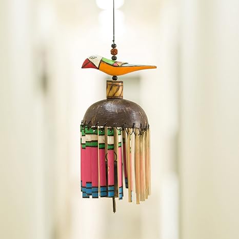 ExclusiveLane Bird Home Decorative Wind Chime Cum Outdoor Garden Wall Hanging with Kutchh Bell (Multicolour, Wood)