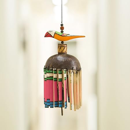 Exclusivelane Multicoloured Wooden Handmade & Hand-Painted Bird Wind Chime With Kutchh Bell - Wall Hanging Home Decorative Pieces Wall Decor Outdoor D