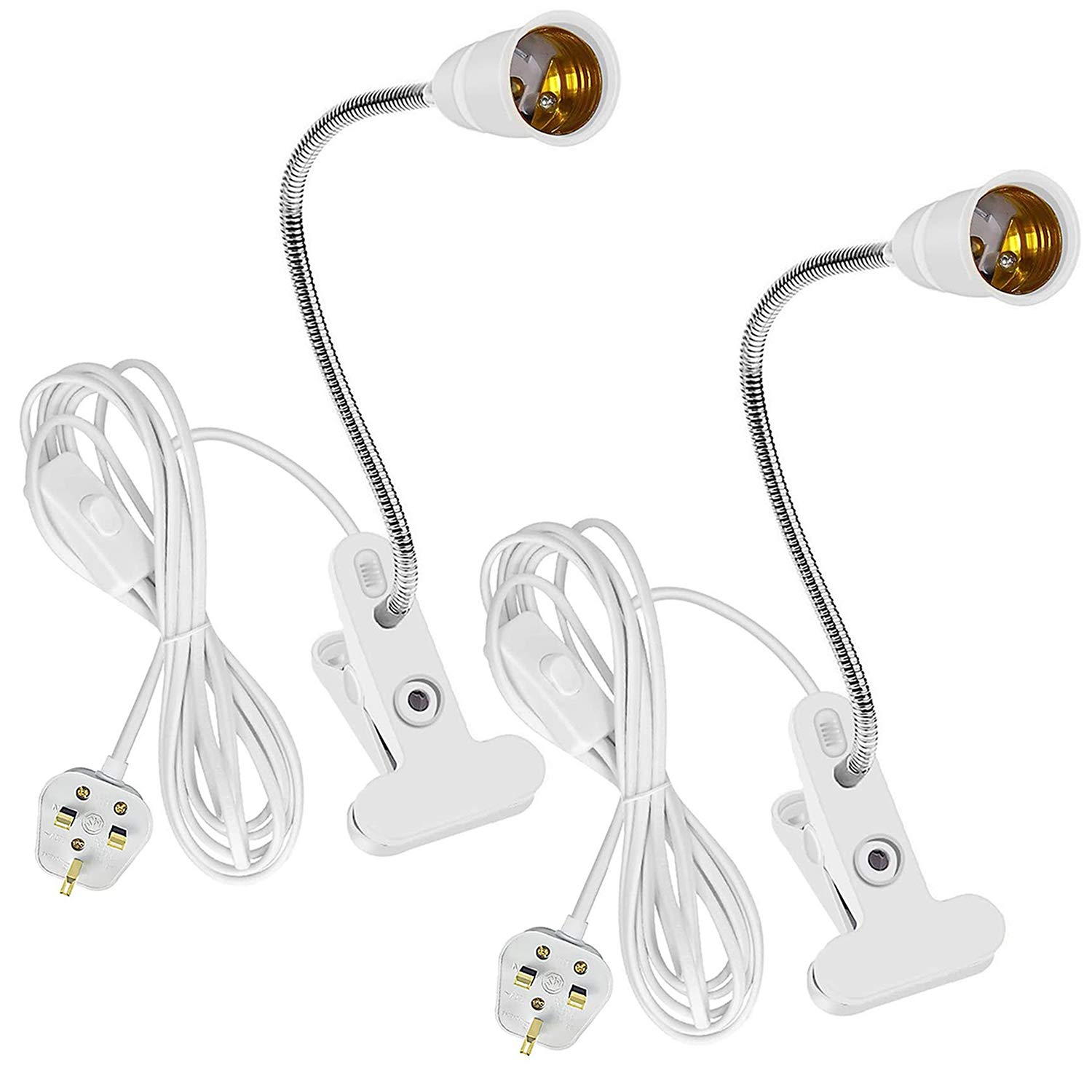 puliao 2 Pack Clip Desk Lamp Holder, 360° E27 Clamp LED Bulb Plant Light Holder Adjustable Light Base, UK Socket Plug Reading Light with On/Off Switch for Bedside Offices Garages Kitchens
