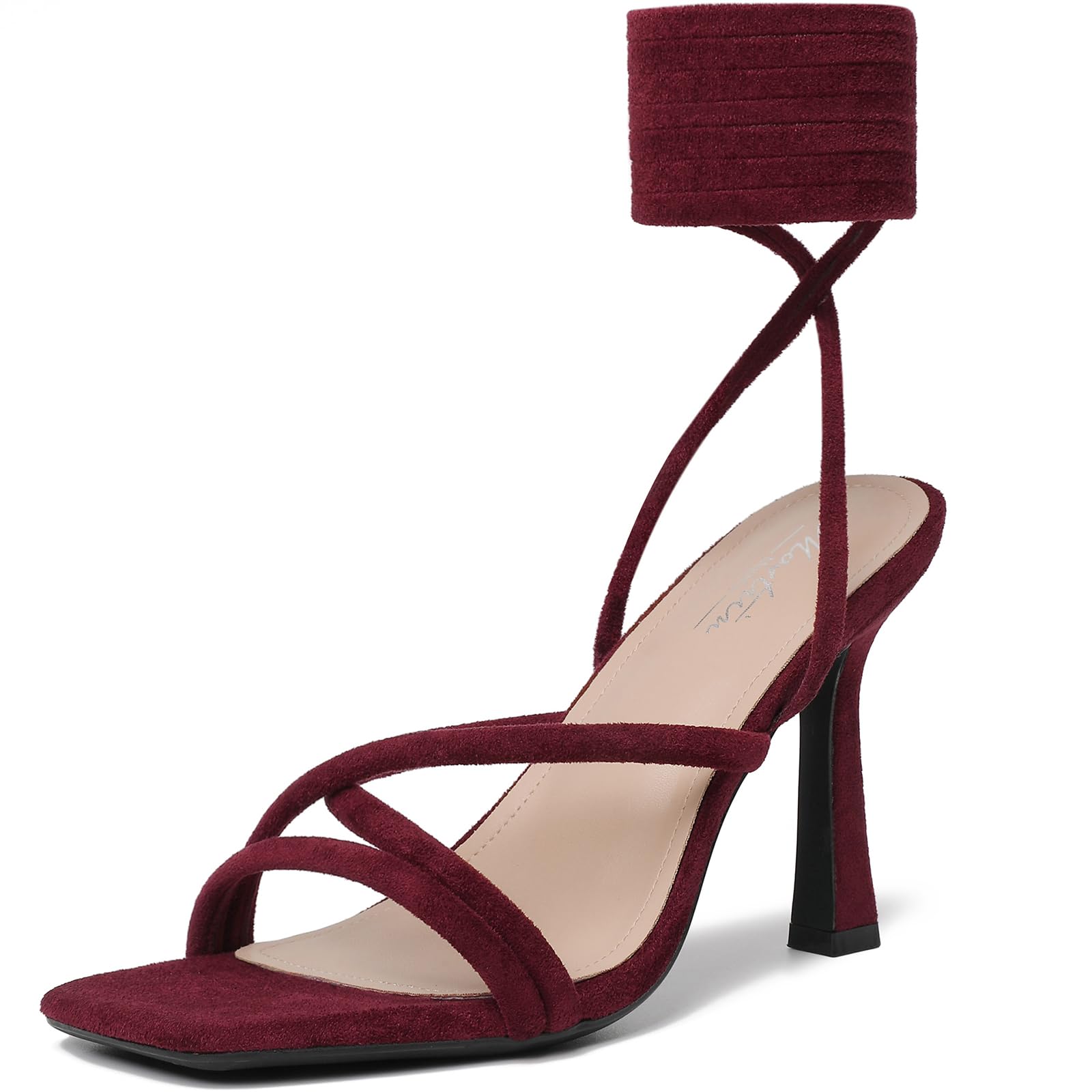 Mostrin Burgundy Strappy Heels for Women Dark Red Suede Lace Up Heels Sexy Tie Up Square Open Toe Stiletto High Heeled Sandals for Prom, Party and Weddings Size 7.5 Image