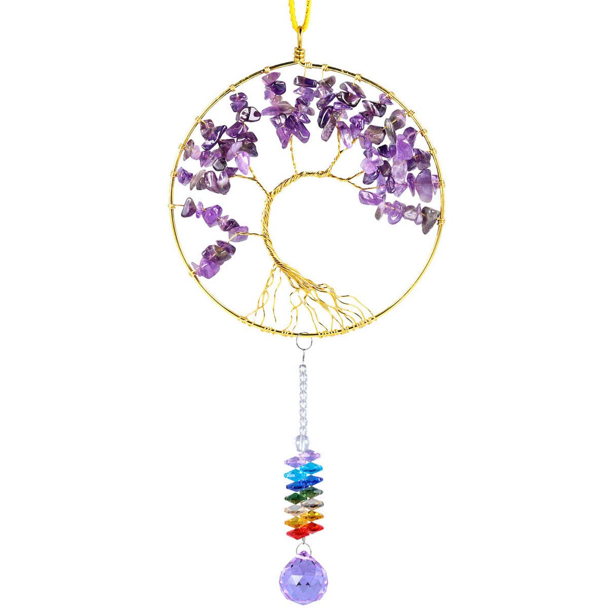 Nupuyai Amethyst Tree of Life Window Hanging Ornament, Crystal ball Prism Pendant Suncatcher Healing Stone Wall Art Good Luck Wedding Home Decor