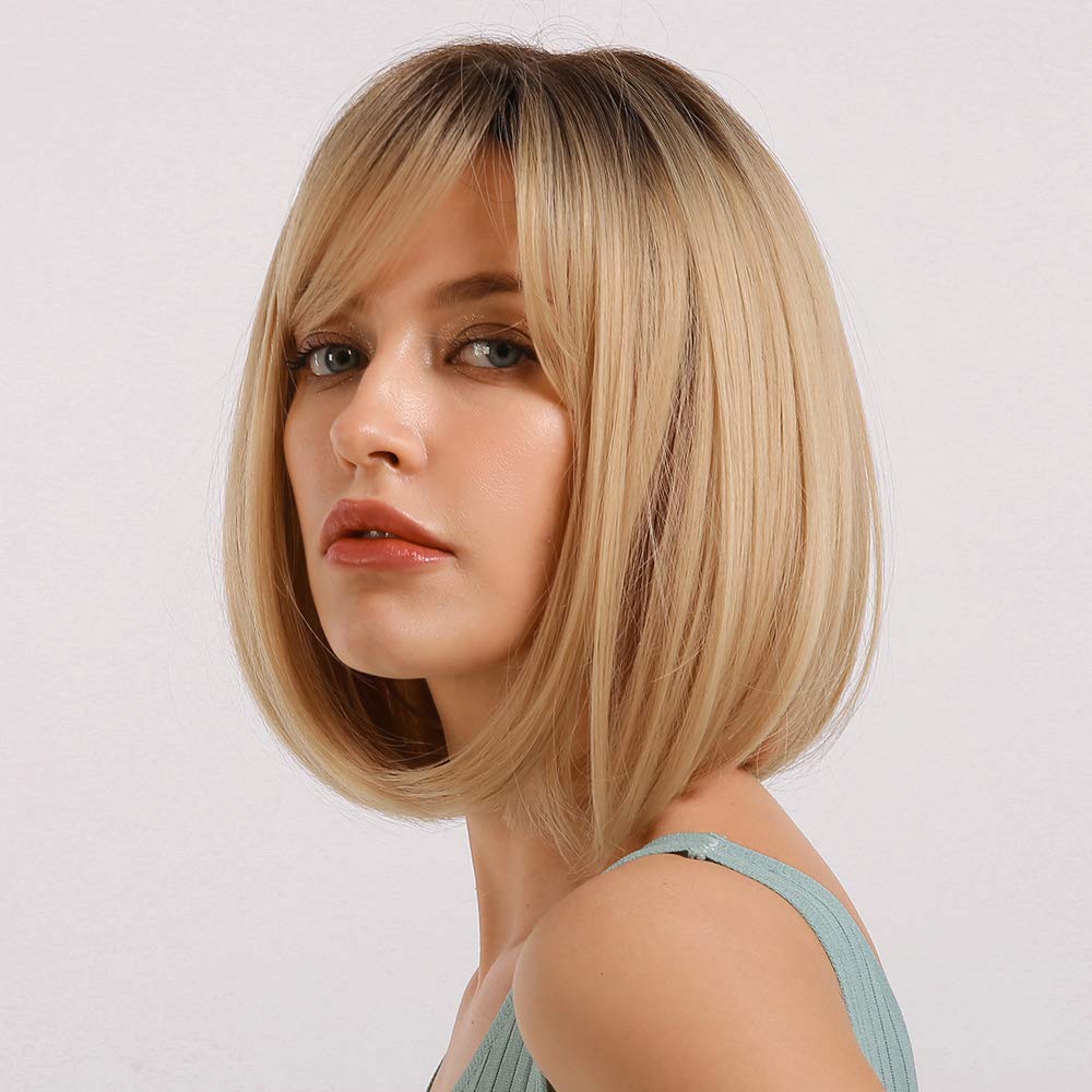 HAIRCUBE Black Root with Blonde Short Bob with Bangs Wigs for Women Synthetic Heat Resistant 12 Inch Wigs for Women