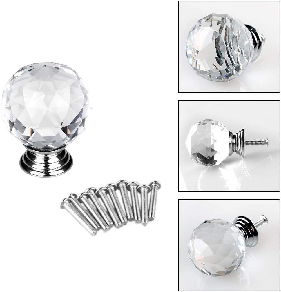 Sourcingmap Drawer Knob Pull Handle 40mm Crystal Glass Round Shape Cabinet Door Drawer Knobs with Screws for Home Office Cupboard Wardrobe DIY Clear 1Pc - Image 4