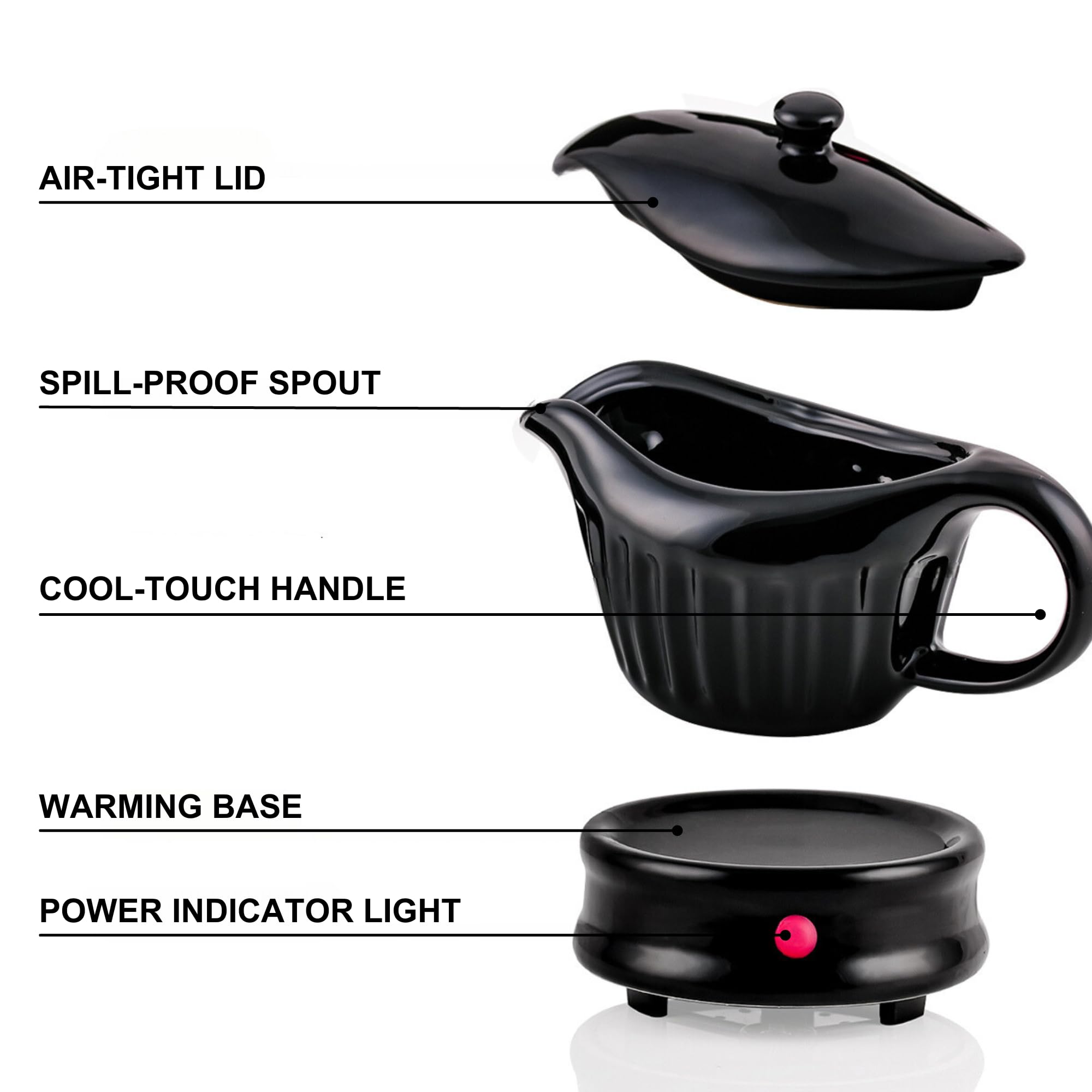 OVENTE Electric Gravy Boat Warmer with Ceramic Pot and Lid, Detachable Warming Base and Easy-Pour Spout, 13.5 Ounce Ideal for Small Parties, Entertaining, Thanksgiving and Holiday, Black FW024589B