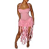 Ptorlio Sexy Women's Mini Halter Dress Birthday Party Club Ruffle Tassel Backless Bodycon Short Dresses