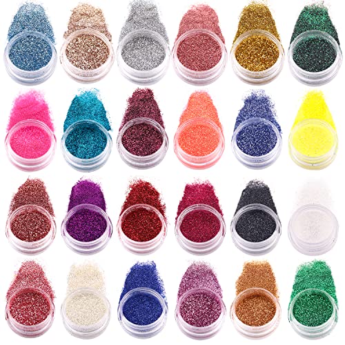 BISHENGYF 24 Colors Fine Chrom Glitter Powder, Holographic Glitter Pigment, Acrylic Nail Art Dust Powder Set with Brush and Spoon Picker for DIY Nail Art and Shiny Craftwork.