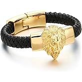 COOLSTEELANDBEYOND Mens Large Braided Leather Bracelet with Steel Lion and Genuine Leather Straps