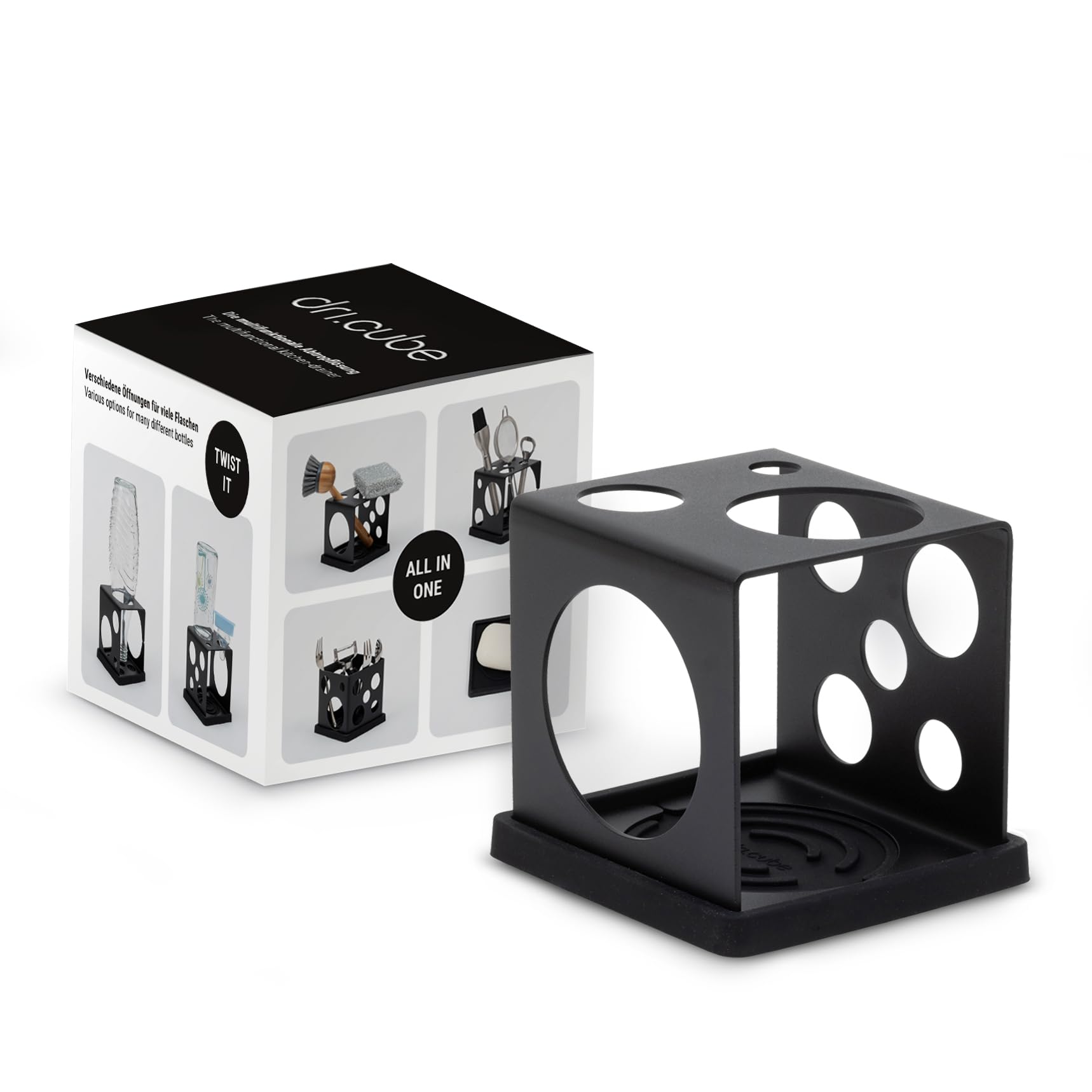 Sanni Shoo All-in-One Drip Holder - Space Saving Bottle Holder for Many Bottles Including Drying Mat; Dish Rack for Kitchen Utensils, Brush Holder and Soap Dish, Black