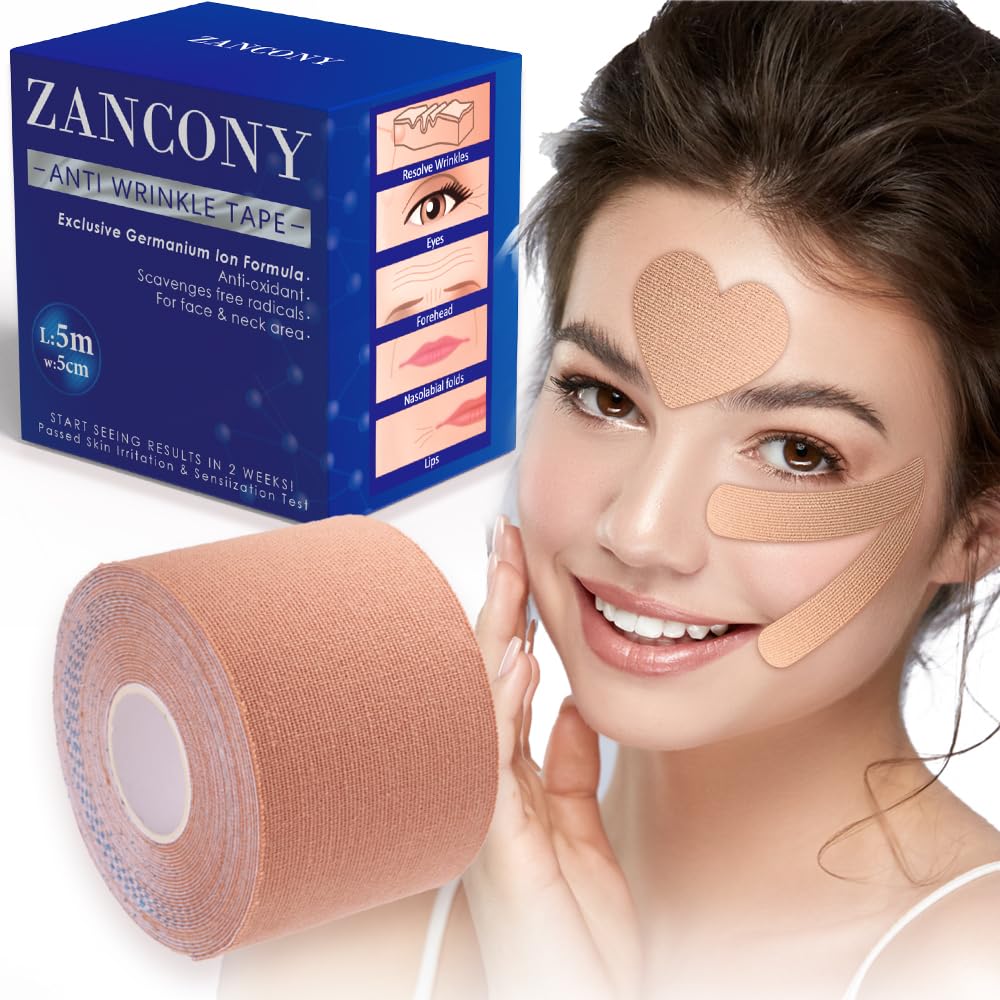 Zancony 2 in 1 Face Tape Forehead Tape for Anti Wrinkle Patches and Face Lift Tape for Full Face and Neck Kinesiology Tape for Relaxing Facial Muscles, Hypoallergenic，5cm Wide