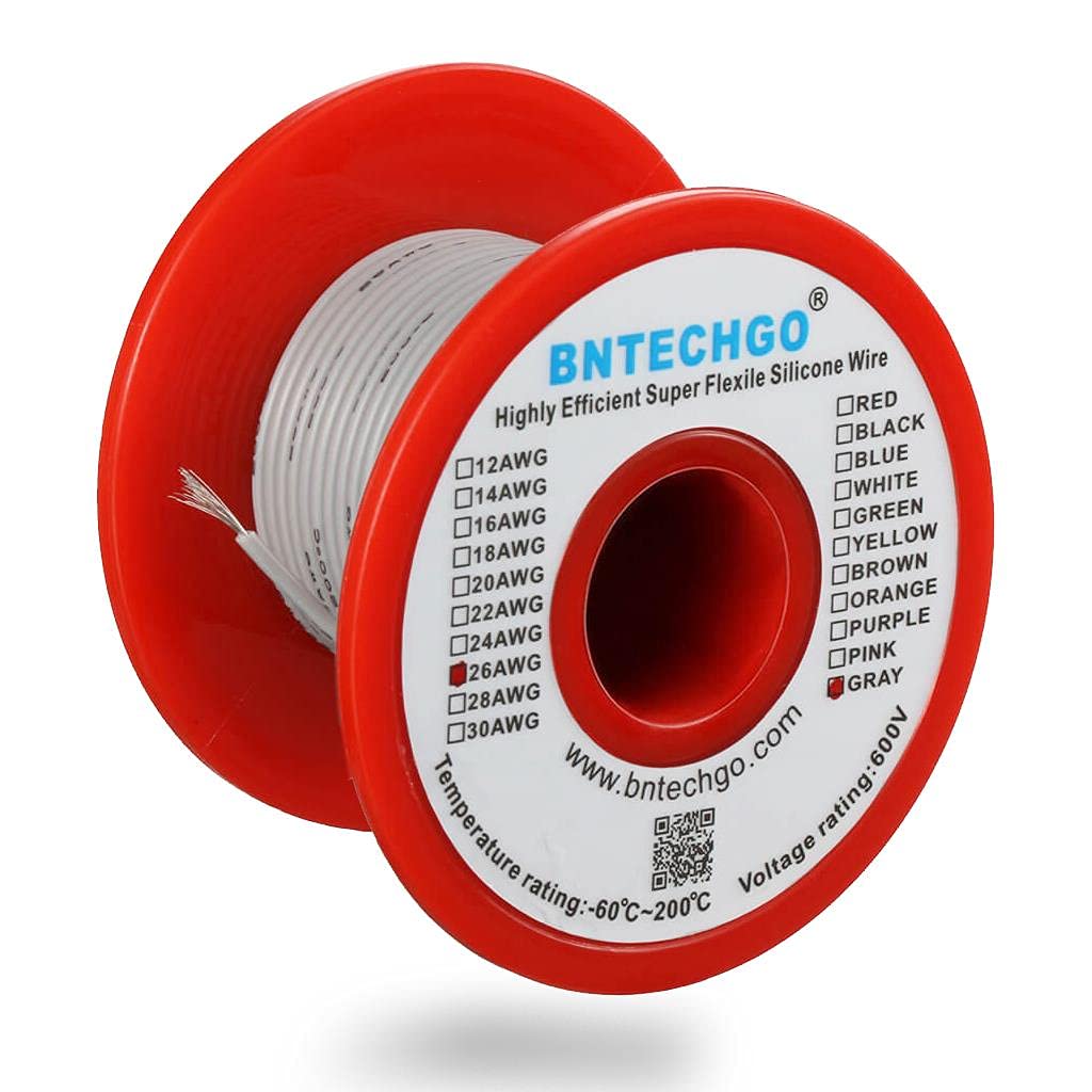 BNTECHGO 26 Gauge Silicone Wire Spool Gray 100 ft Ultra Flexible High Temp 200 deg C 600V 26 AWG Silicone Rubber Wire 30 Strands of Tinned Copper Wire Stranded Wire for Model Low Impedance