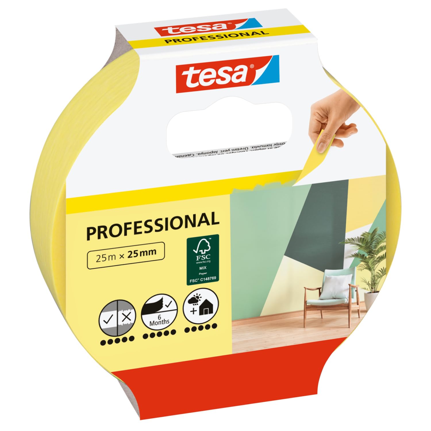 tesa Masking Tape Professional - Painter's Tape Made of Thin Washi Paper for Particularly Precise Masking During Painting Work - for Indoors and Outdoors - 25 m x 25 mm