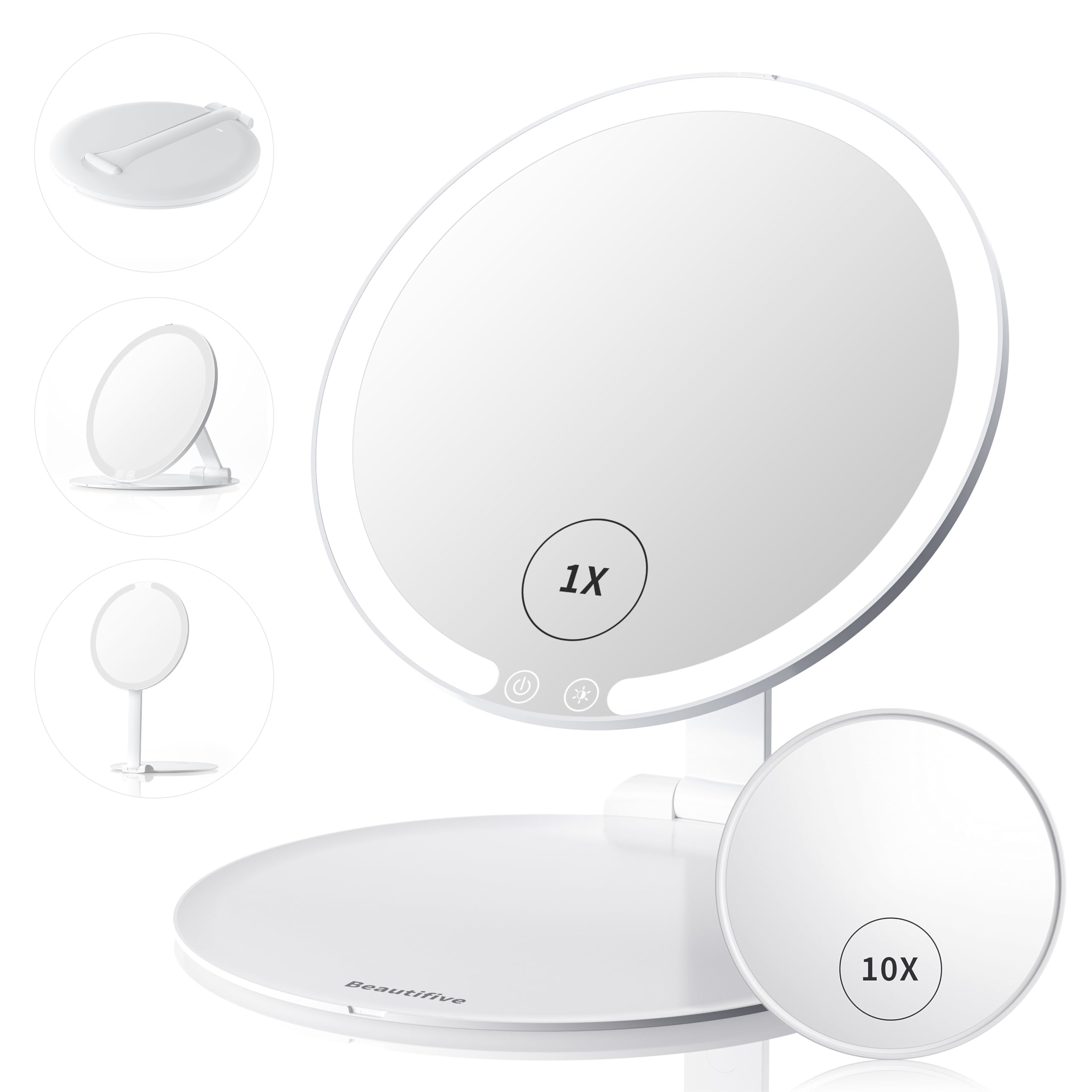 Beautifive LED Travel Lighted Makeup Mirror with 10 Magnifying Small Mirrors, Rechargeable Portable Hall Sensor Light up Mirror with Adjustable Stand, 3 Colors Modes and Stepless Brightness