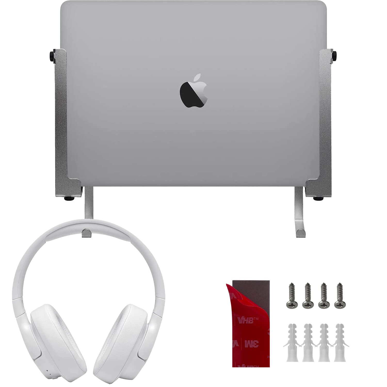 Photo 1 of IFCASE Aluminum Wall Laptop Mount Holder for MacBook Air, Pro, Surface, iPad, Tablets, Cell Phones with Headphone Hook, Anti-Scratch Pads, Adhesive & Screws (Silver)