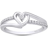 Bypass Heart Promise Ring for Women 1/10 Carat Round Moissanite, Natural or Lab Grown Diamond Ring in 14K Gold Plated 925 Sterling Silver Jewelry Gift for Her (0.10 ctw)