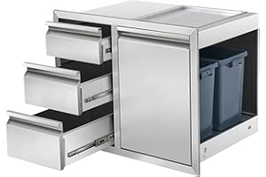 Tactralis Outdoor Kitchen Drawer Combo Stainless Steel Outdoor Triple Drawers with Trash Bin Compartment & Dual Trash Cans, 28" W x 22" H x 19.5" D Outdoor Kichen Cabinet for Grill Station