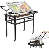 SQXLXDD Rotating Flip Charcoal Grill for Outdoor Camping BBQ Cooking | 360&deg; rotation, adjustable charcoal tray height, on wheels, portable tabletop grill, detachable legs, side condiment storage