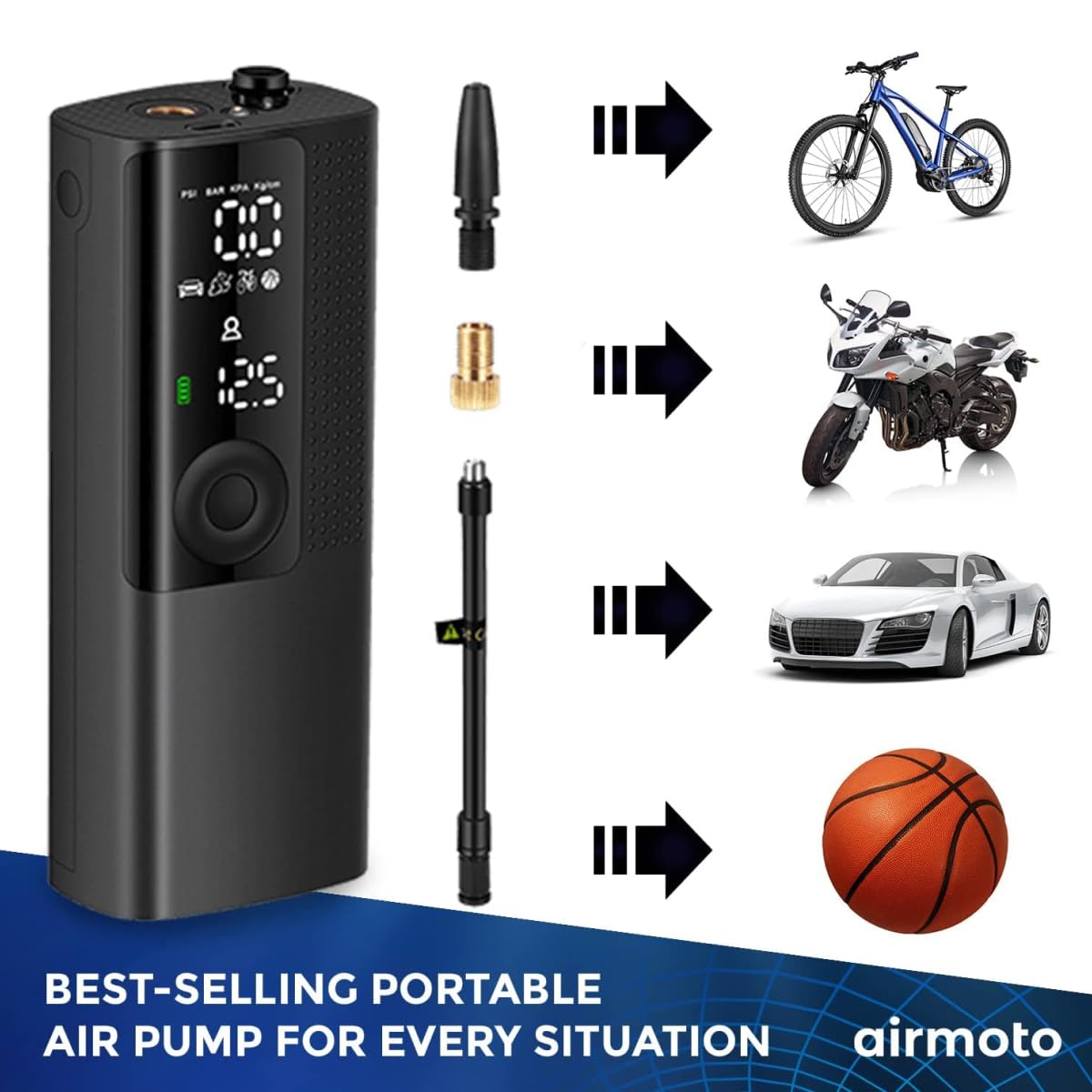 Airmoto Tire Inflator Portable Air Compressor - Air Pump For Car Tires with Digital Pressure Gauge, LED Light and Auto Shut-Off Function - Cordless Pump for Car, Motorcycle, Bicycle, Balls and More