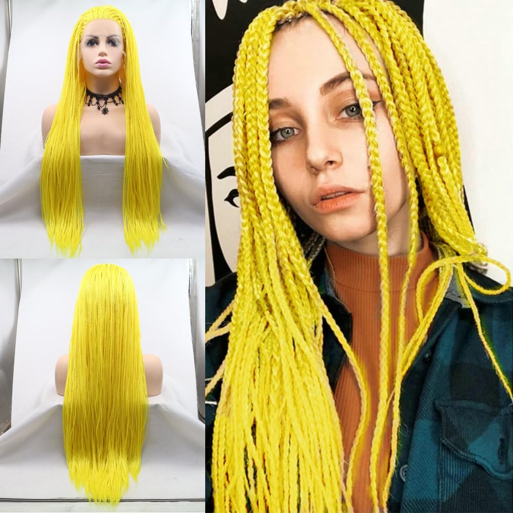 Afro America Box Braided Wigs Bright Yellow Comfortable Synthetic Lace Front Wigs for Women Cosplay Party Handmade Long Braids Hair