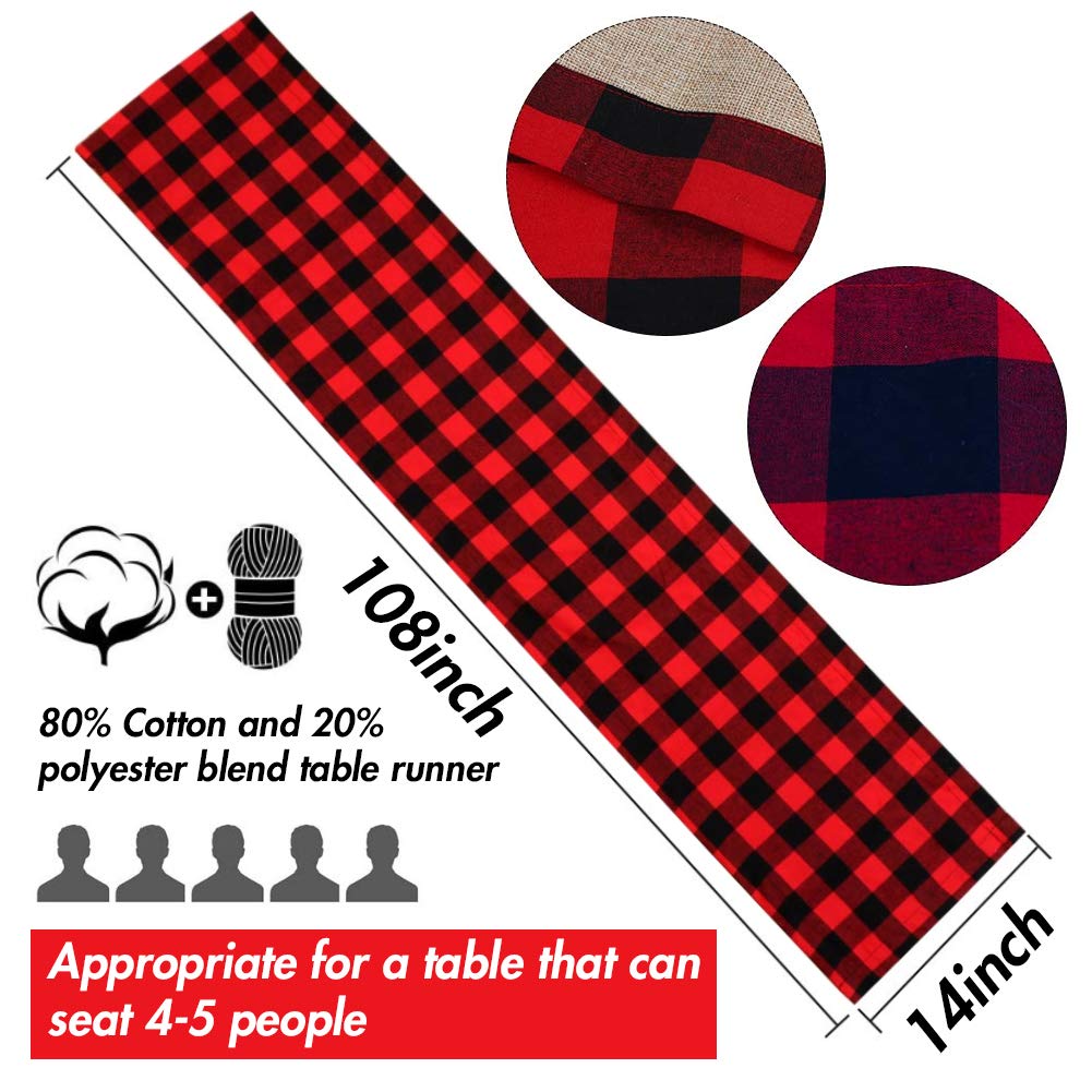 HAKACC Black and Red Buffalo Plaid Table Runner Cotton Burlap Table Runner for Christmas Holiday Birthday Party Table Home Decoration