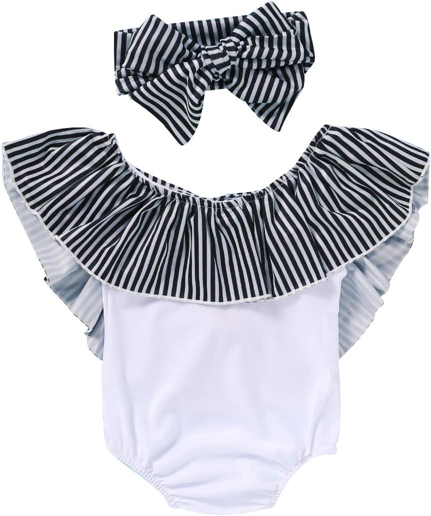 HZYKOK Toddler Baby Girl Bikini Set Stripe Beach Swimsuit Ruffle Two Piece Swimwear with Headband Bathing Suit Outfits
