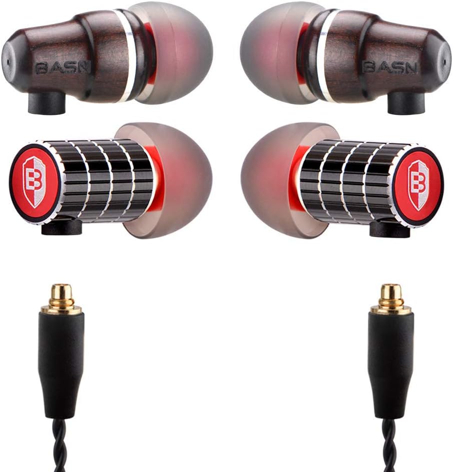 BASN Bibud in-Ear Noise-Isolating Headphone，Balanced Bass Driven Sound，Metal and Wood Housing， Dynamic Dual Drivers with Detachable Cable