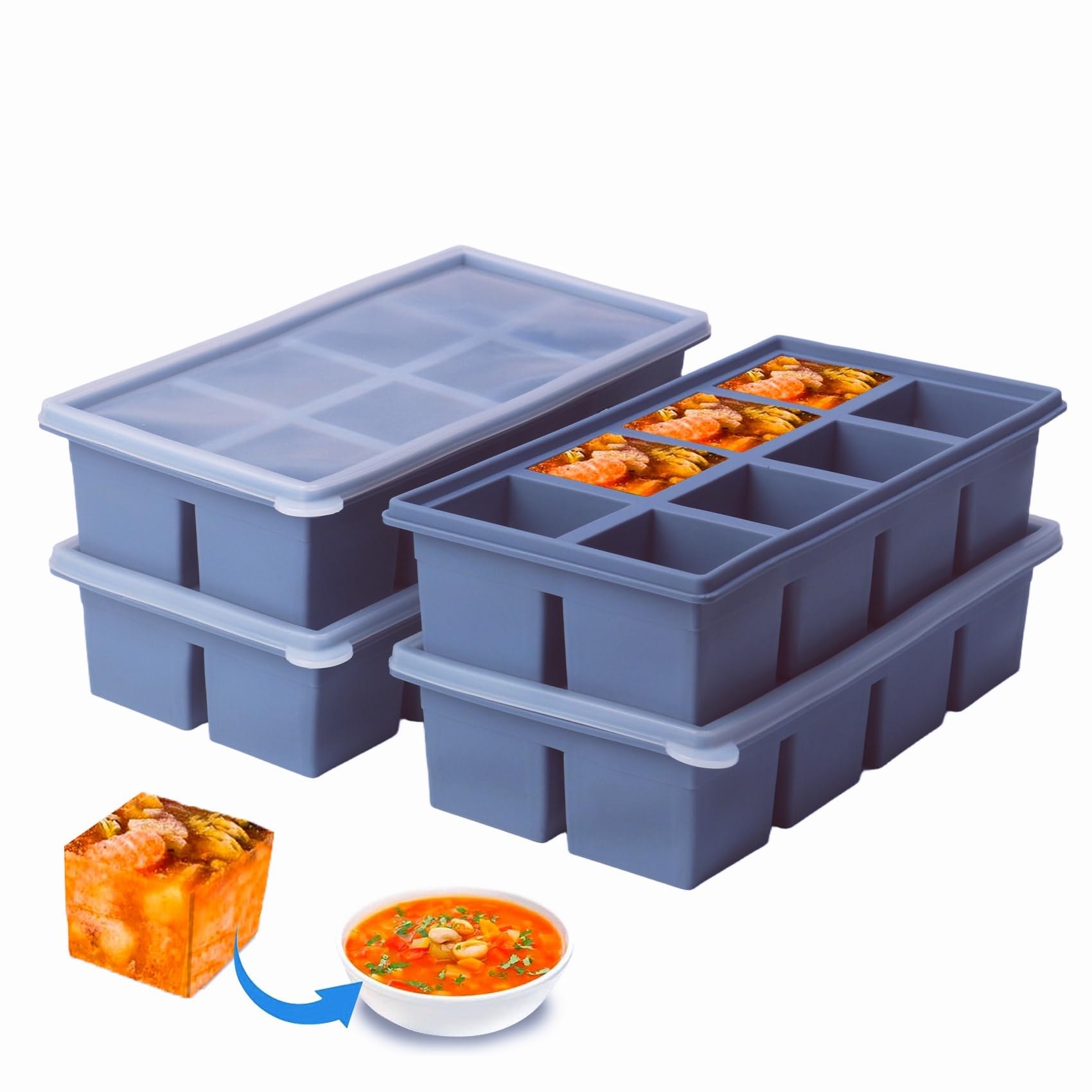Photo 1 of 1/2 Cup Silicone Freezer Tray With Lid - Silicone Freezer Molds 4-Pack For meal prep & freezing of various sauces and other dishes, makes 32 perfect 1/2 cup portions cubes (Blue 4 Pack)