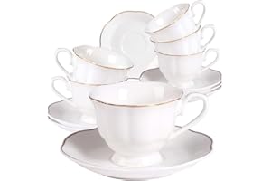 GuangYang Fine Porcelain 6 oz White Tea Cups Set of 6, White with Gold Trim, Good Size for Tea, Cappuccino, Flat White Coffee