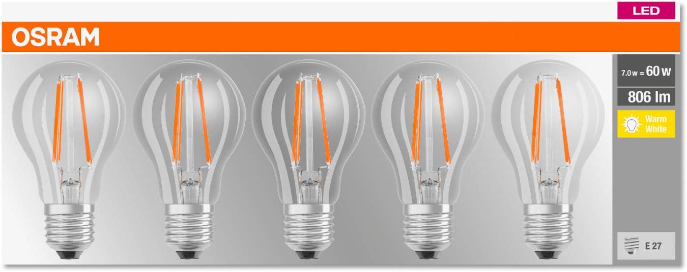 Osram LED Base Classic A Lamp, Socket: E27, Warm White, 2700 Kelvin, 7 W, Replacement For 60 W Incandescent Lamp, Clear, Pack Of 5 - Image 5