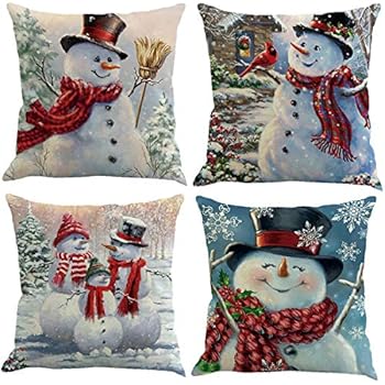 XIECCX Throw Pillow Covers Decorative Pillowcases Christmas Snowman Snowflake Theme 4 Pack-Soft Linen Cotton Design Cushion Cover for Sofa,Bedroom,Chair,Car Seat,Farmhouse 18 x 18