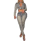 LAJIOJIO Women's 2 Piece Denim Outfits Sexy Y2K Bodycon Stretch Sets Long Sleeve Zip Up Cropped Jacket Skinny Jean Set