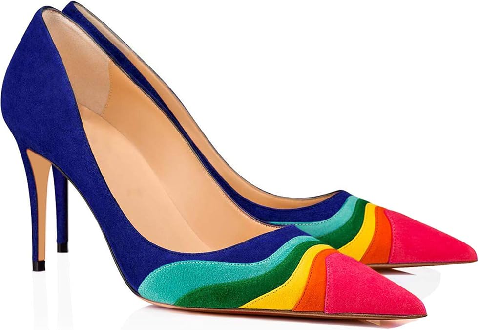 LEHOOR Women Rainbow Kitten Heels Pumps Pointed Toe Suede Stiletto, 3