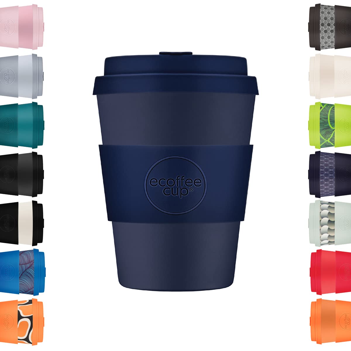 Ecoffee Cup 12oz 350ml Reusable Eco-Friendly 100% Plant Based Coffee Cup with Silicone Lid & Sleeve - Melamine Free & Biodegradable Dishwasher/Microwave Safe Travel Mug, Dark Energy