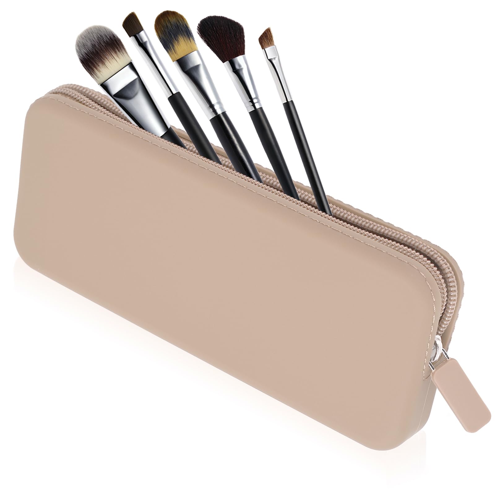 Photo 1 of Sakolla Travel Makeup Brush Holder, Silicone Makeup Brush Bag with Zipper Closure, Makeup Brushes Organizer Case Washable Makeup Pouch Holder Case for Daily, Work, Essentials (Khaki)