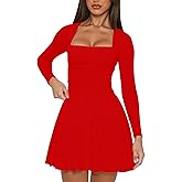Kaximil Women's Square Neck Long Sleeve Mini Dress Ruffle Hem Corset Short Party Club Dresses