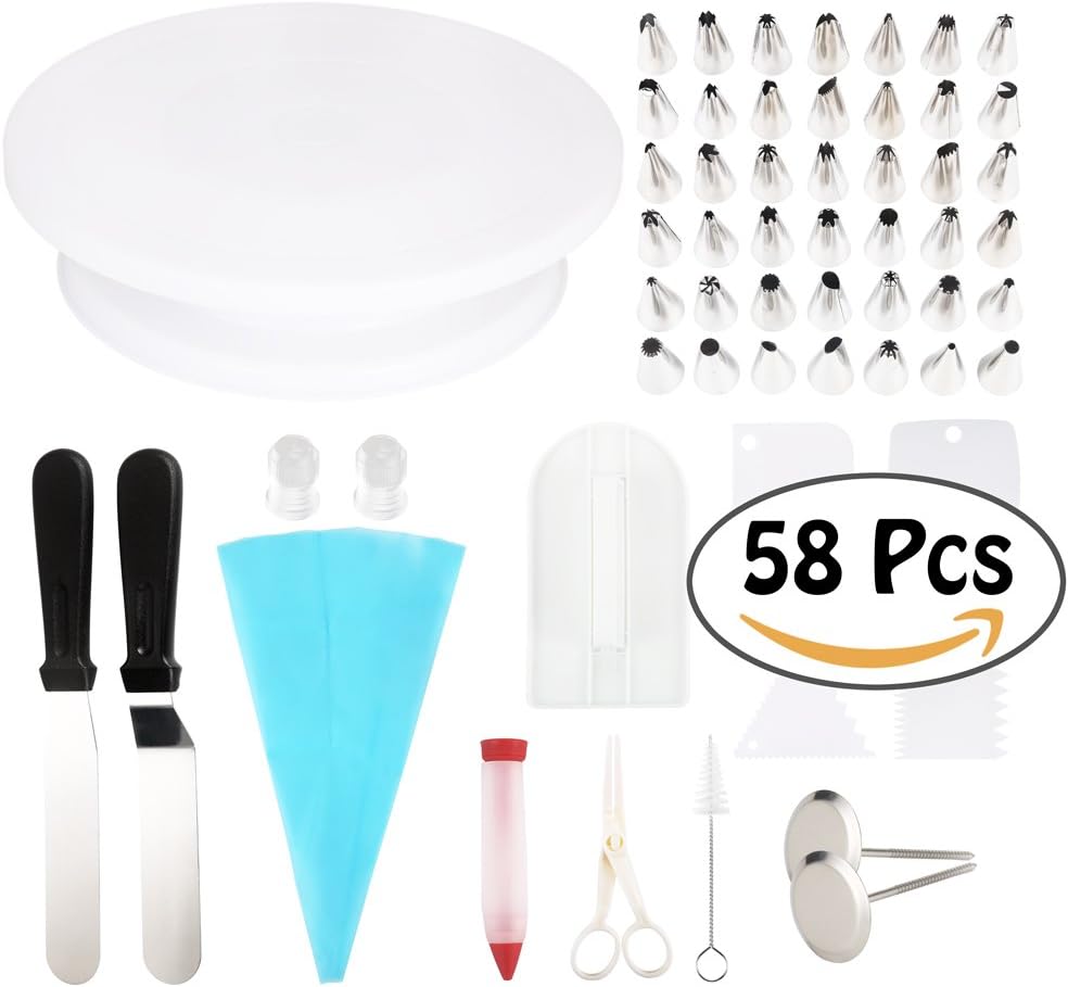 Cake Decorating Supplies 58pcs Kit - 42 Icing Tips, 1 Cake Turntable, 1 Pastry Bag, 2 Couplers, 2 Spatulas, 2 Flower Nails, 1 Flower Lifter, 1 Brush, 1 Cake Pen, 1 Fondant Smoother, 4 Cake Scrapers