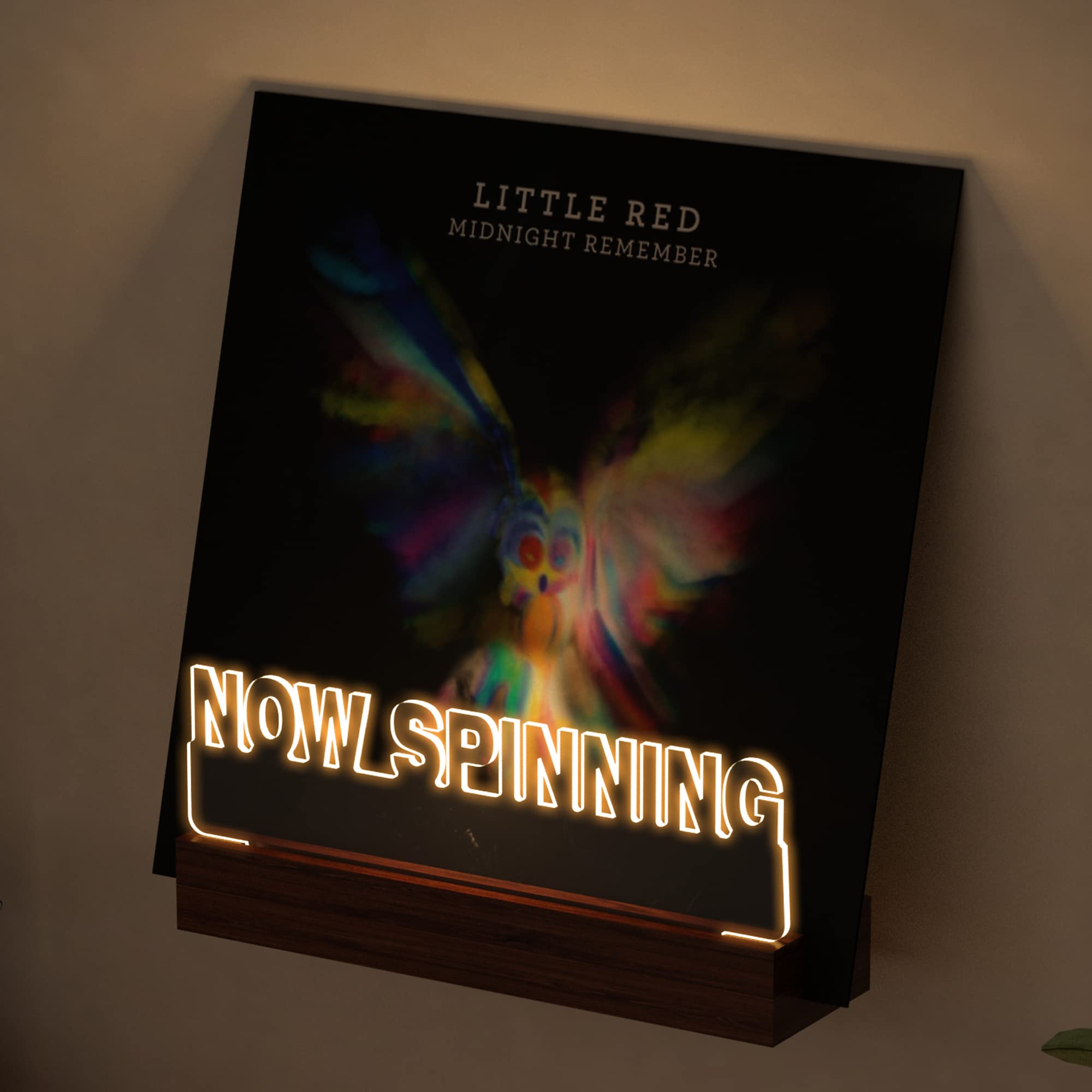 Ammonite Light up Now Spinning Vinyl Record Stand Wall Mount, Now Playing Record Player Stand, Wooden Acrylic Holder for Vinyl Album Display and Storage with Warm White Color Lights